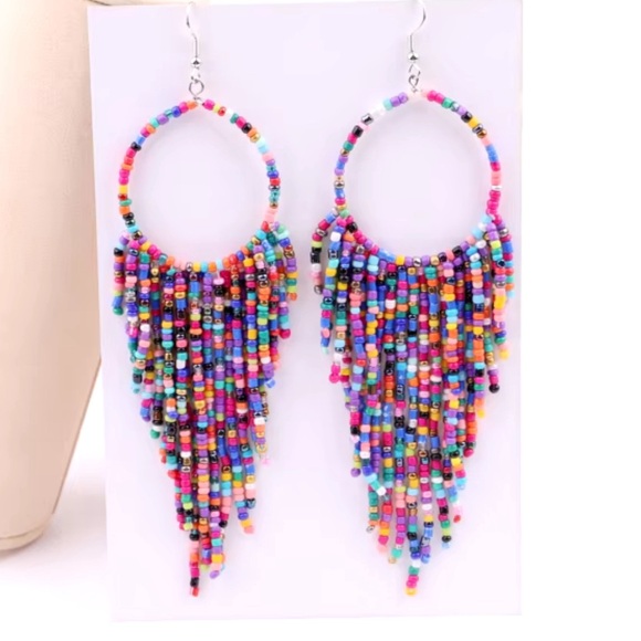 Beaded Multicolored Fringe Hoop Earrings - Picture 9 of 13